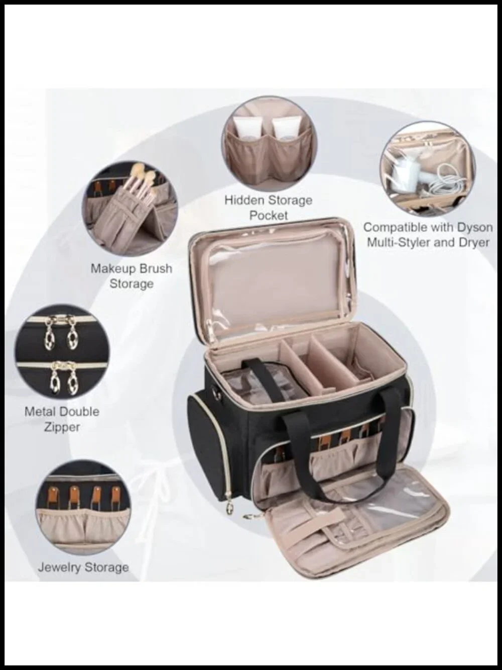 Large Travel Makeup Bag Organizer with 2 Removable Pouches & Dividers, Nylon